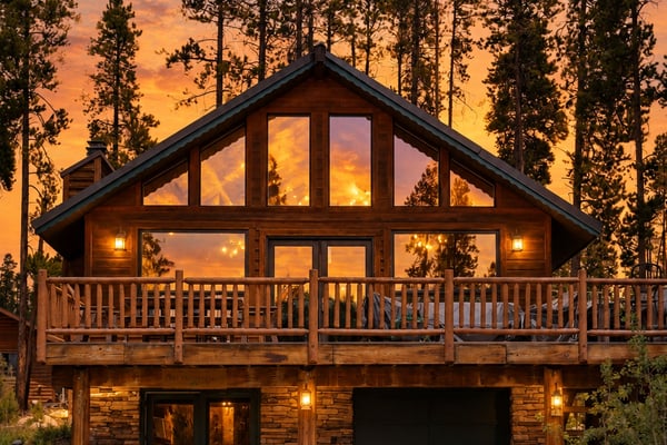Cluster of rustic log cabins with red metal roofs and decks surrounded by fall foliage and evergreen trees